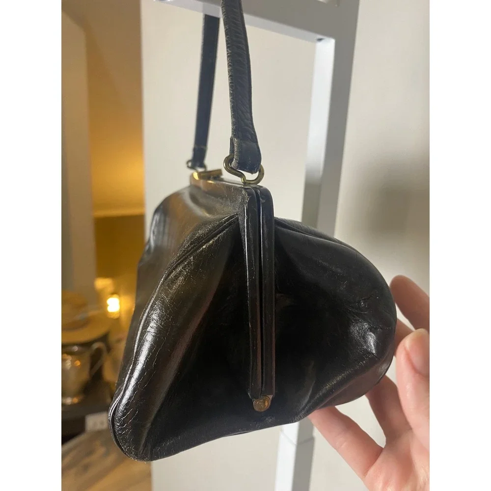 Vintage 50s Black Leather Frame Handbag Mid Century Top Handle Gold Clasp Purse